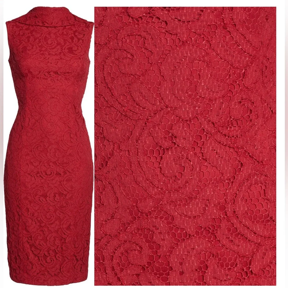 Adrianna Papell Lace Sheath Dress, Cherry Red, Size 4, Wedding Guest/Romantic - Picture 5 of 5